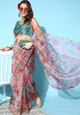 Green Printed Poly Blend Saree Set
