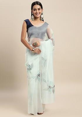 White Printed Organza Saree Set