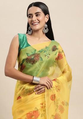 Yellow Printed Organza Saree Set