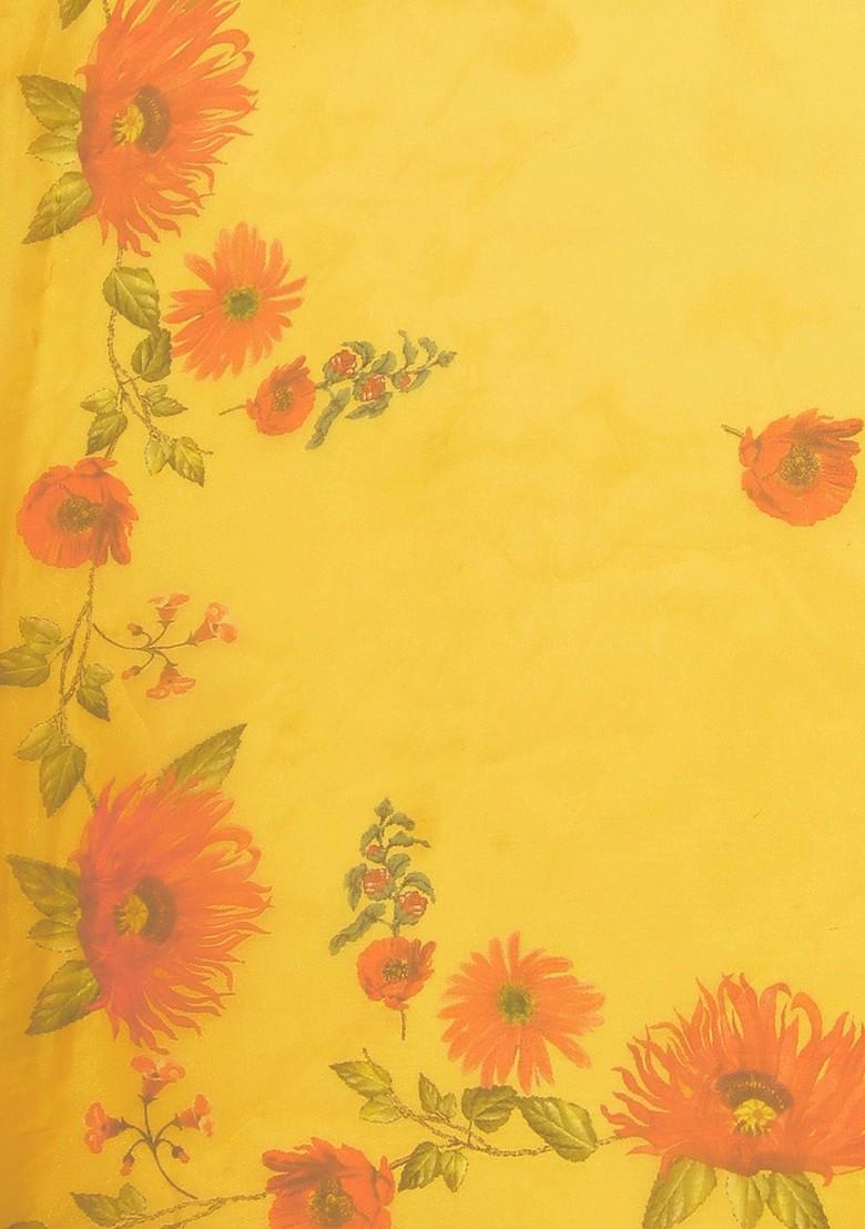 Yellow Printed Organza Saree Set