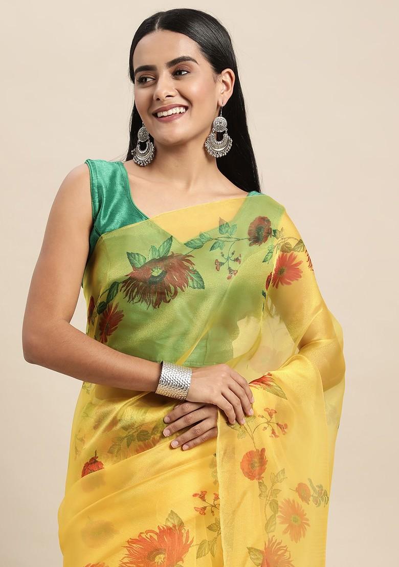 Yellow Printed Organza Saree Set