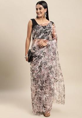 White Printed Organza Saree Set