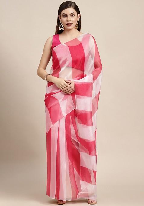 Pink Striped Print Organza Saree Set
