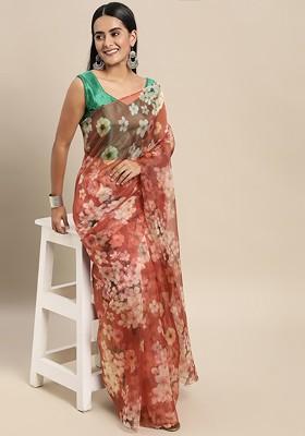 Maroon Printed Organza Saree Set