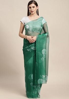 Green Printed Organza Saree Set