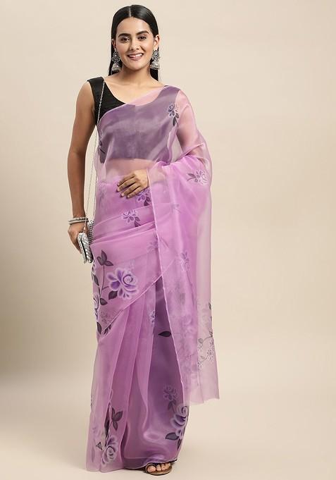 Lavender Printed Organza Saree Set