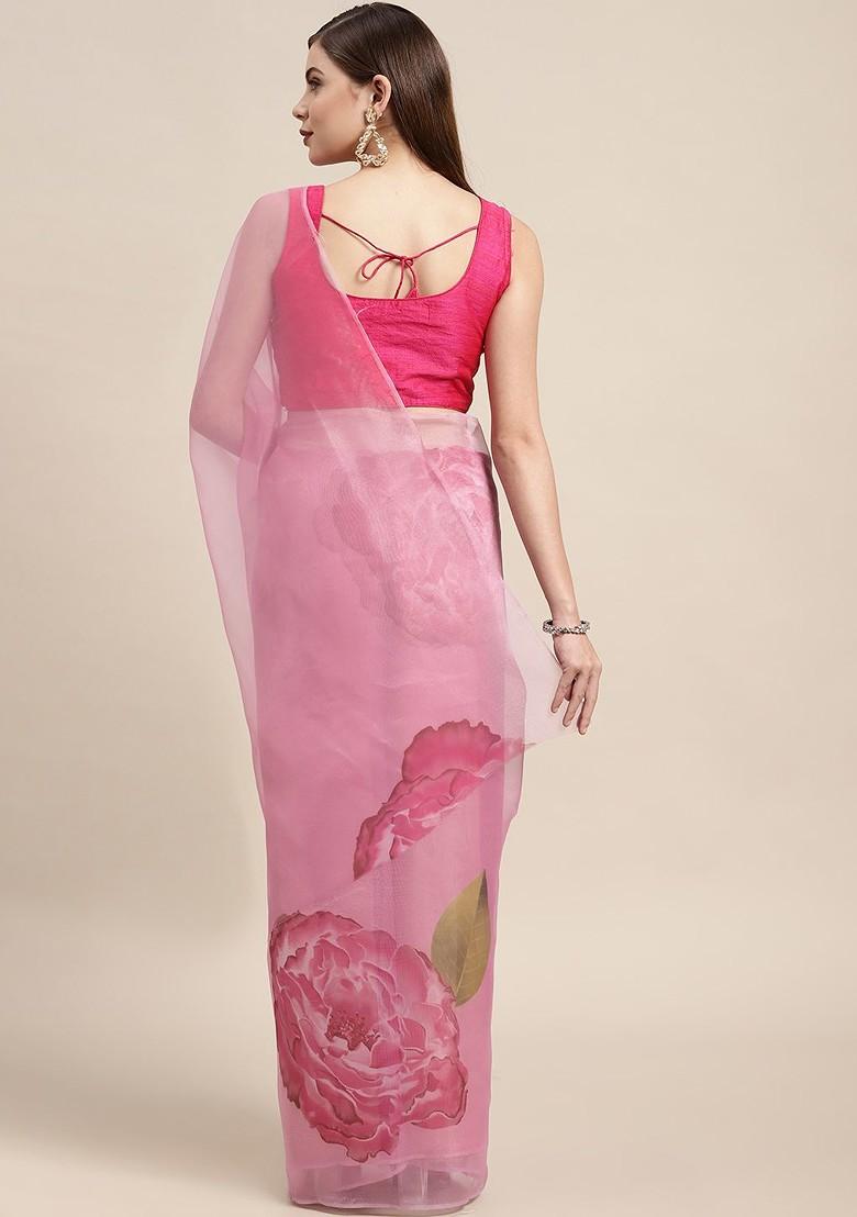 Pink Printed Organza Saree Set