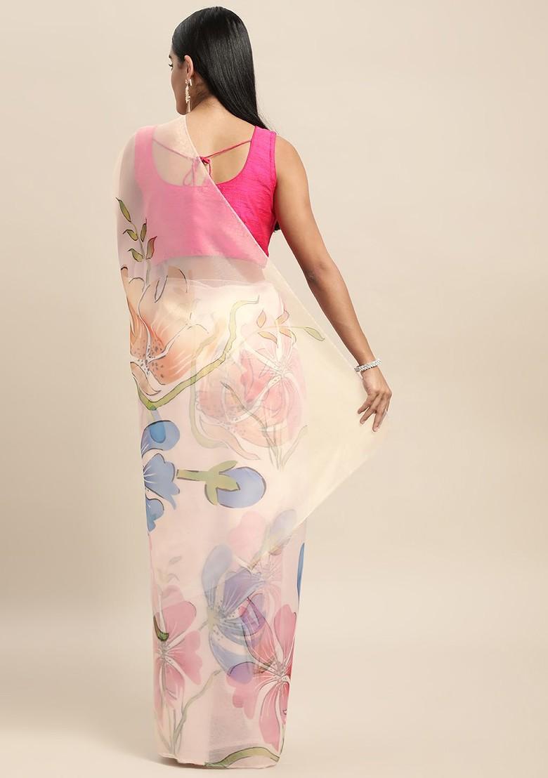 White Printed Organza Saree Set