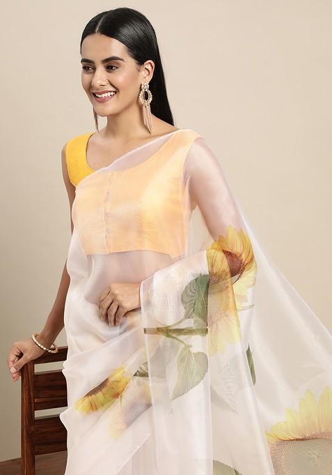 Cream Printed Organza Saree Set