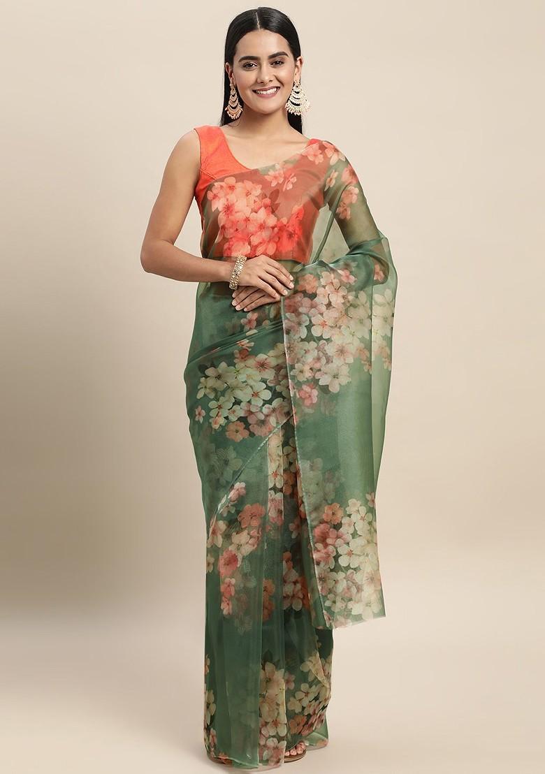 Green Printed Organza Saree Set