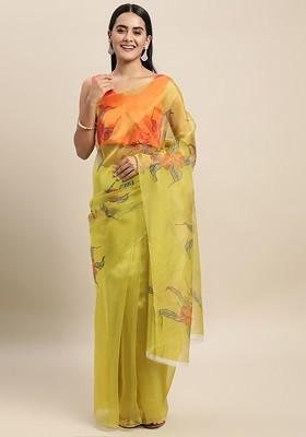 Yellow Printed Organza Saree Set