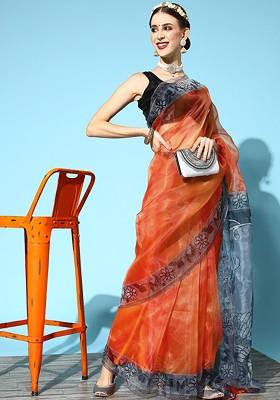 Orange Printed Poly Blend Saree Set