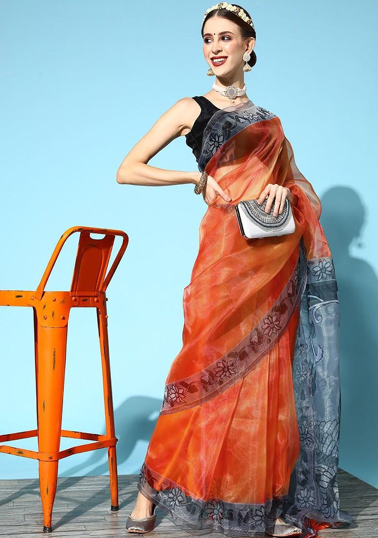 Orange Printed Poly Blend Saree Set