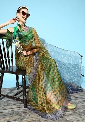 Yellow Abstract Print Poly Blend Saree Set