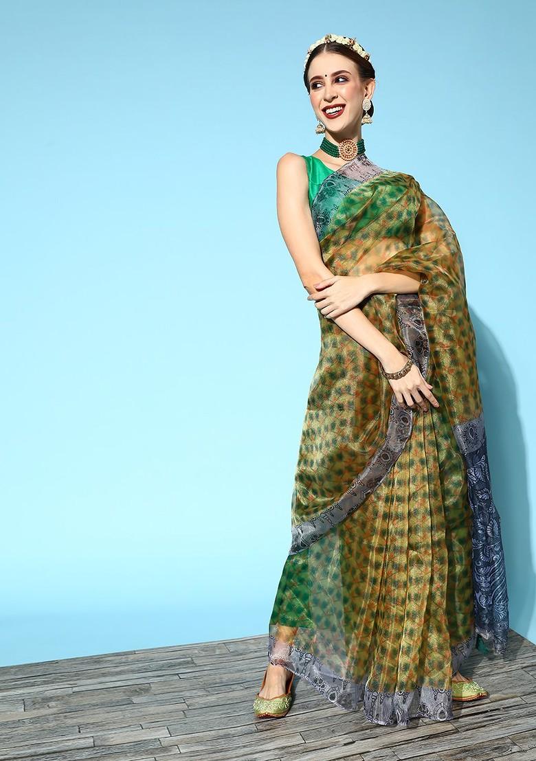 Yellow Abstract Print Poly Blend Saree Set