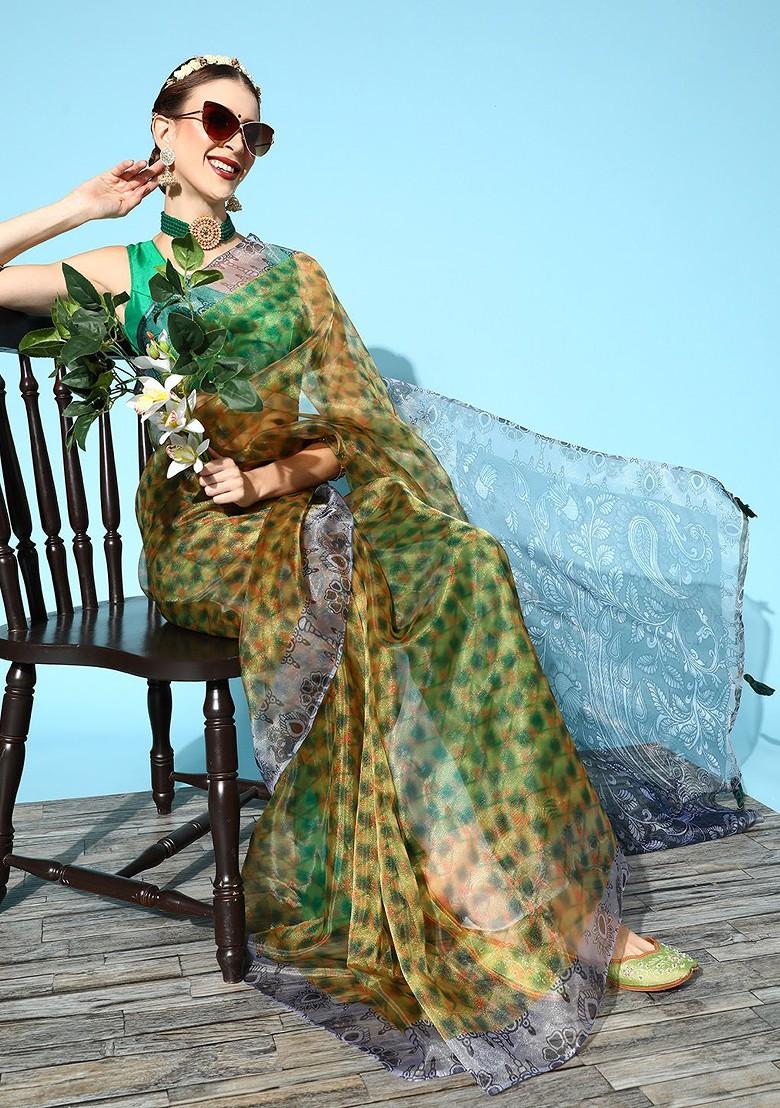 Yellow Abstract Print Poly Blend Saree Set