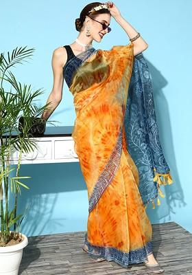 Mustard Printed Poly Blend Saree Set