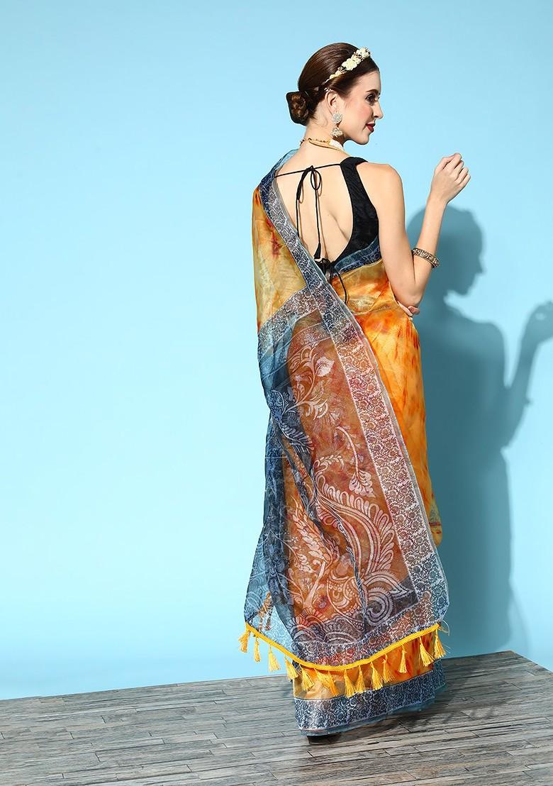 Mustard Printed Poly Blend Saree Set