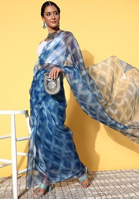 Blue Tie And Dye Poly Blend Saree Set