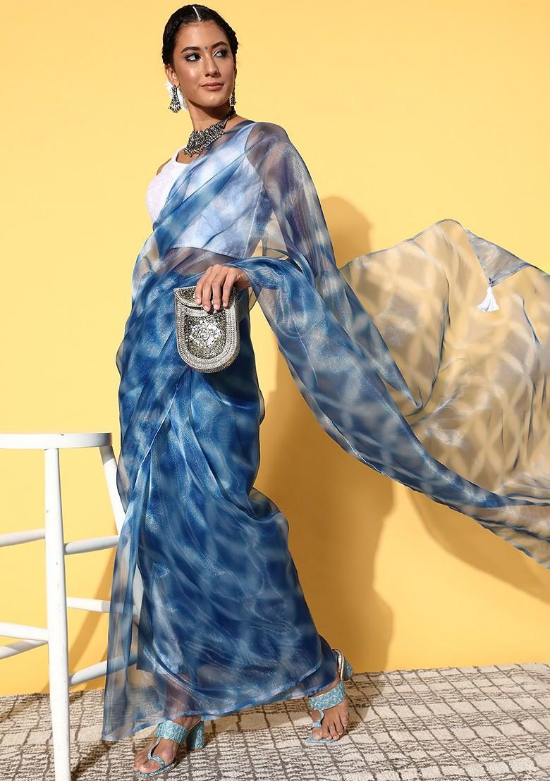 Blue Tie And Dye Poly Blend Saree Set
