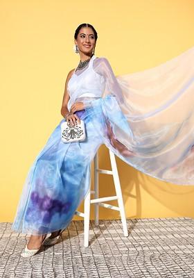 Blue Tie And Dye Poly Blend Saree Set