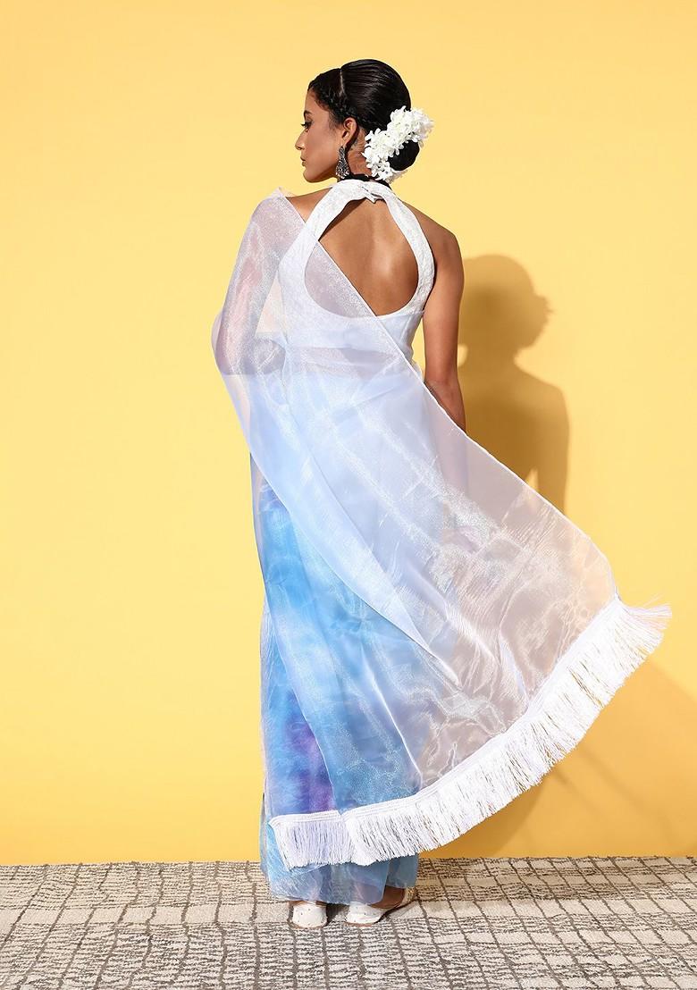 Blue Tie And Dye Poly Blend Saree Set