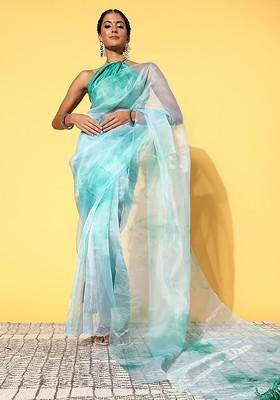 Turquoise Blue Tie And Dye Poly Blend Saree Set