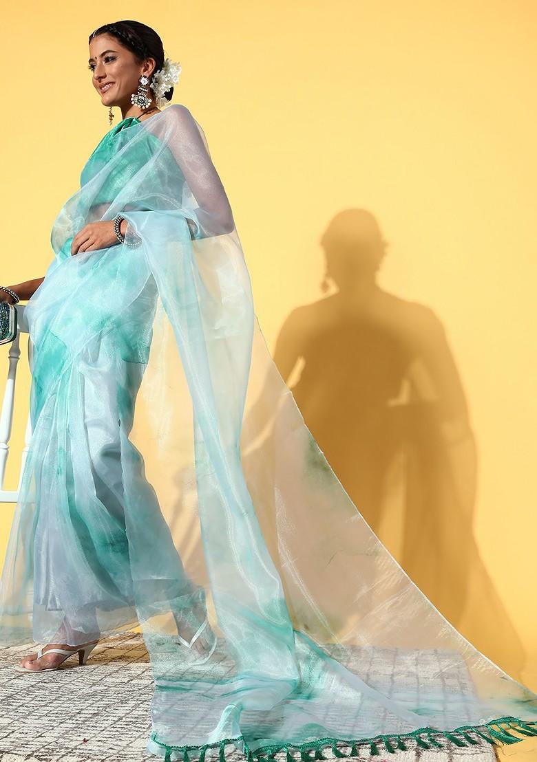Turquoise Blue Tie And Dye Poly Blend Saree Set