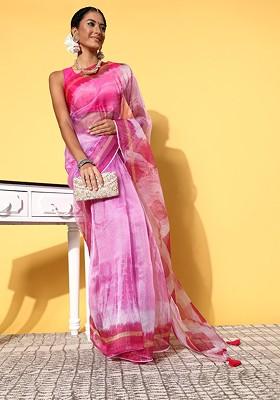 Pink Tie And Dye Poly Blend Saree Set