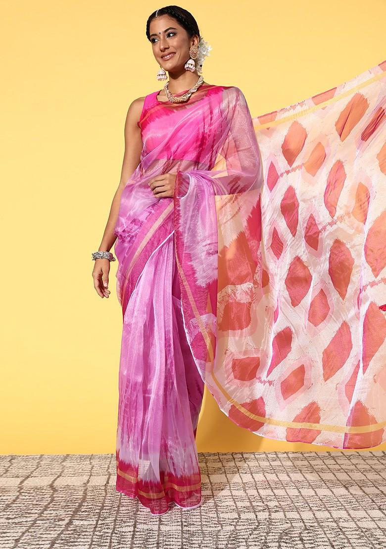 Pink Tie And Dye Poly Blend Saree Set