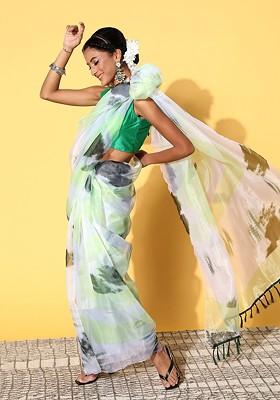 White Tie And Dye Poly Blend Saree Set