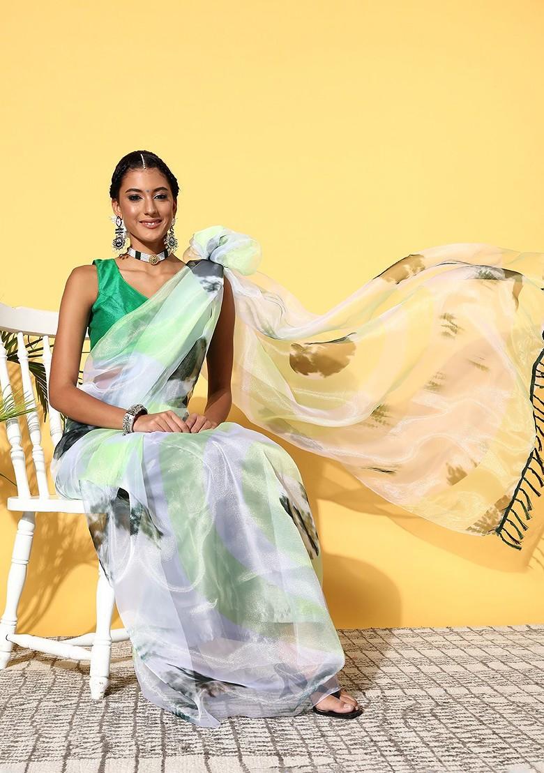 White Tie And Dye Poly Blend Saree Set