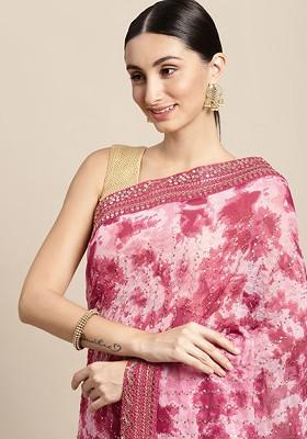 Red Sequin Embroidered Poly Blend Saree Set