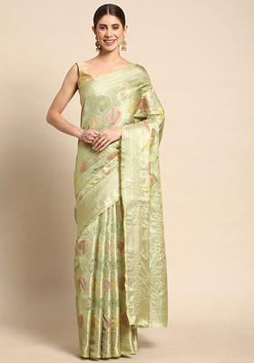 Green Zari Embroidered Poly Blend Saree Set