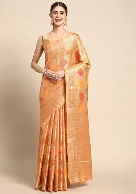 Orange Zari Embroidered Poly Blend Saree Set