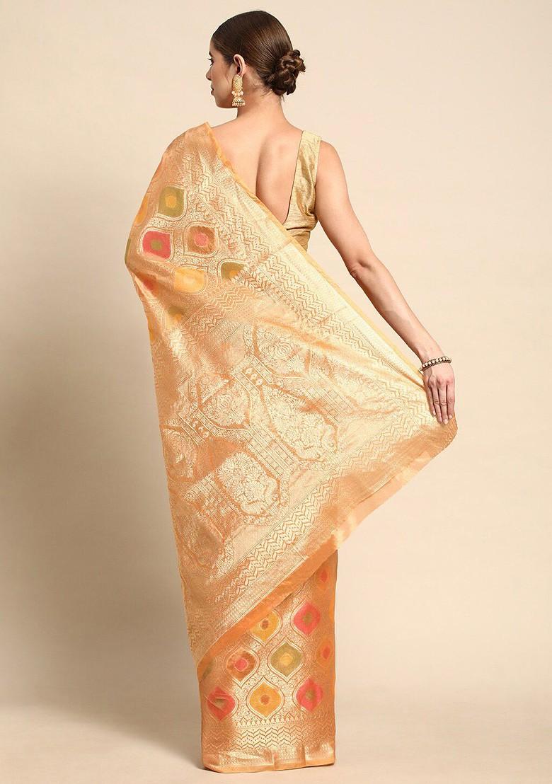 Orange Zari Embroidered Poly Blend Saree Set