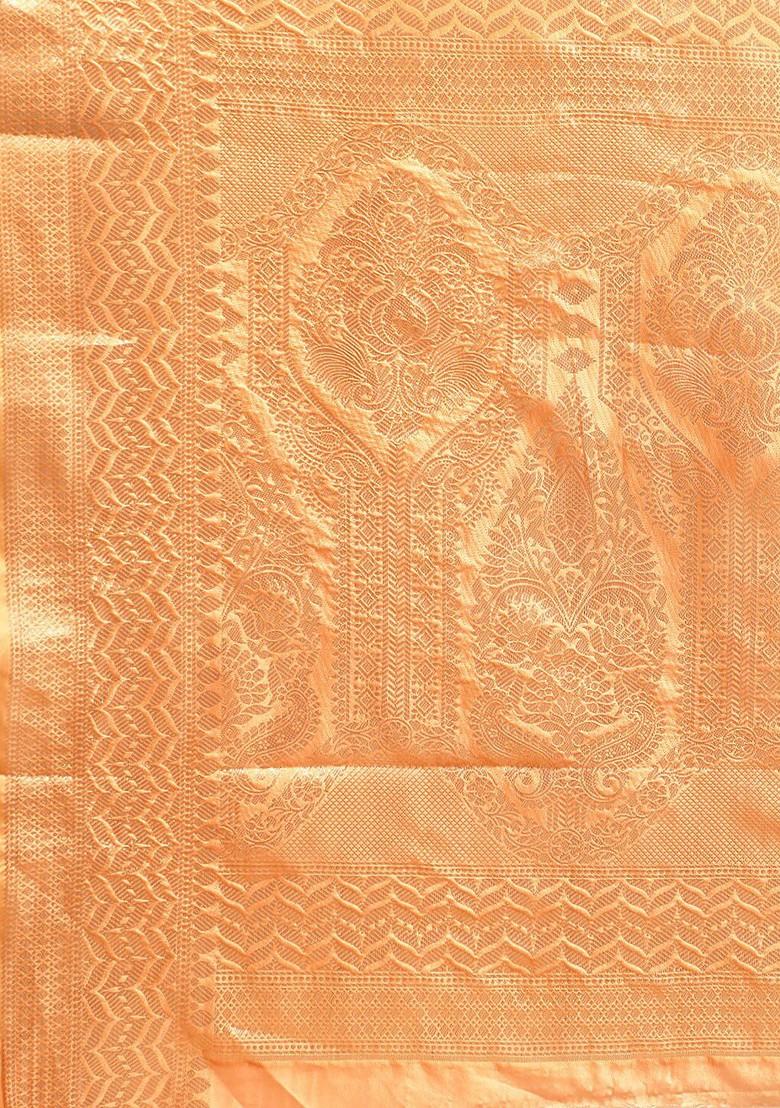 Orange Zari Embroidered Poly Blend Saree Set