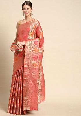 Pink Ethnic Motifs Embroidery Poly Blend Saree Set