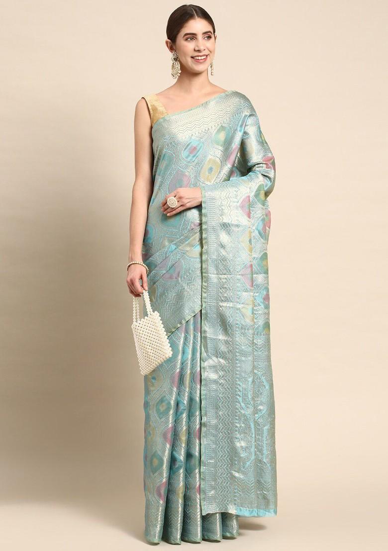 Blue Ethnic Motifs Embroidery Poly Blend Saree Set