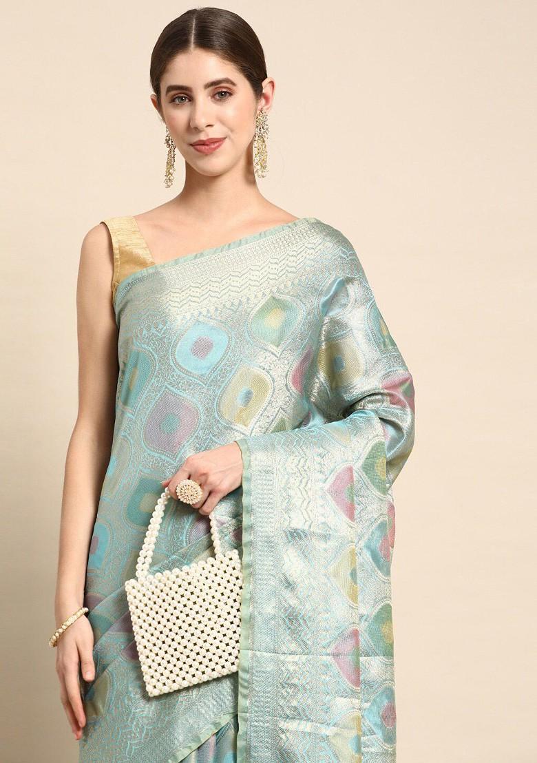 Blue Ethnic Motifs Embroidery Poly Blend Saree Set