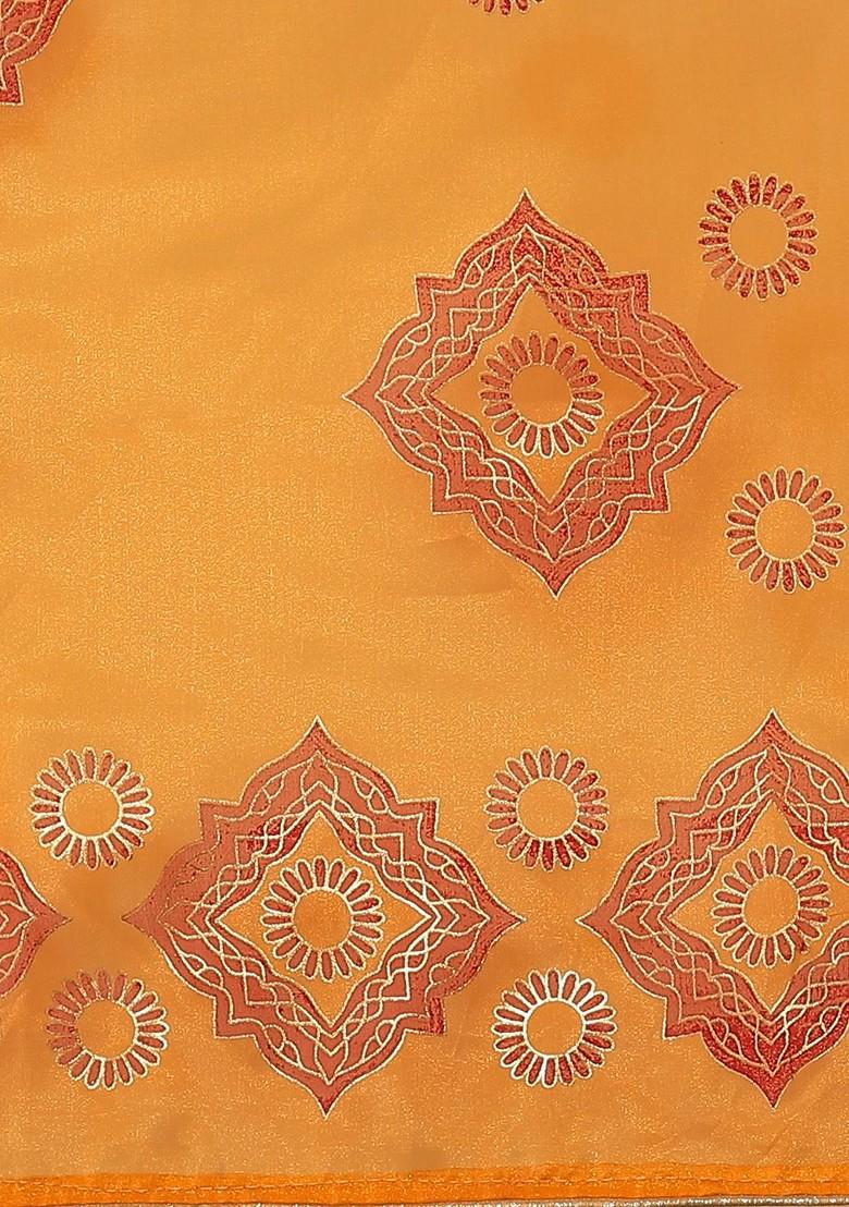 Orange Block Print Organza Saree Set