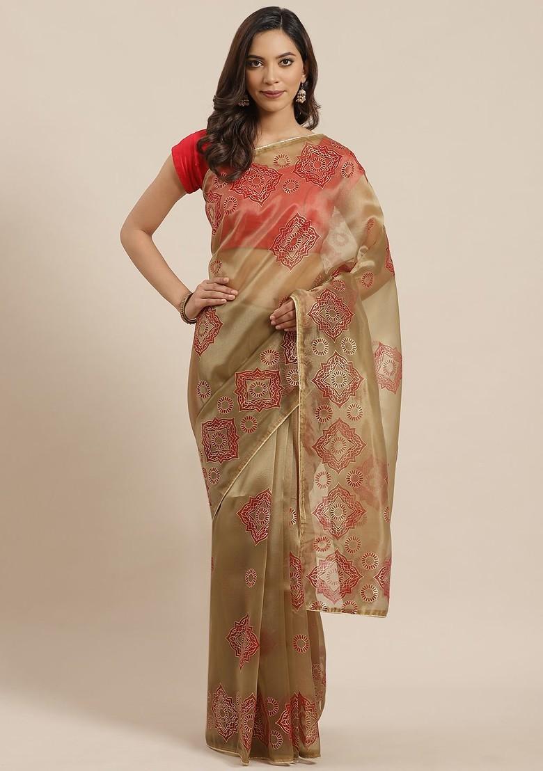 Olive Block Print Organza Saree Set