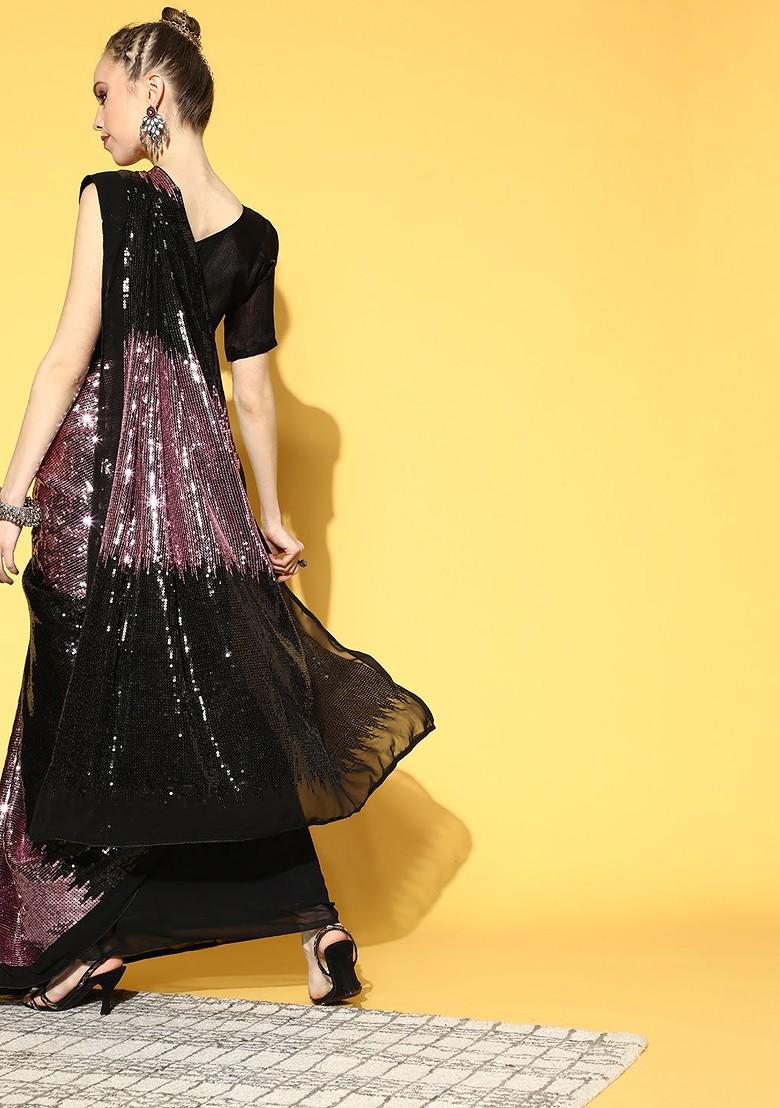 Black Embellished Poly Blend Saree Set