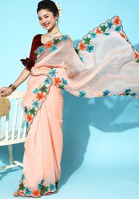 Peach Embroidered Poly Blend Saree Set