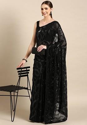 Black Abstract Print Poly Blend Saree Set