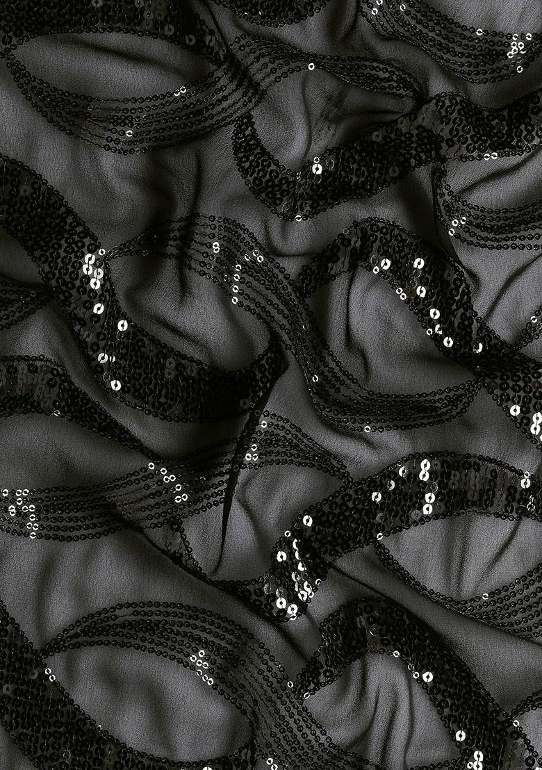 Black Abstract Print Poly Blend Saree Set
