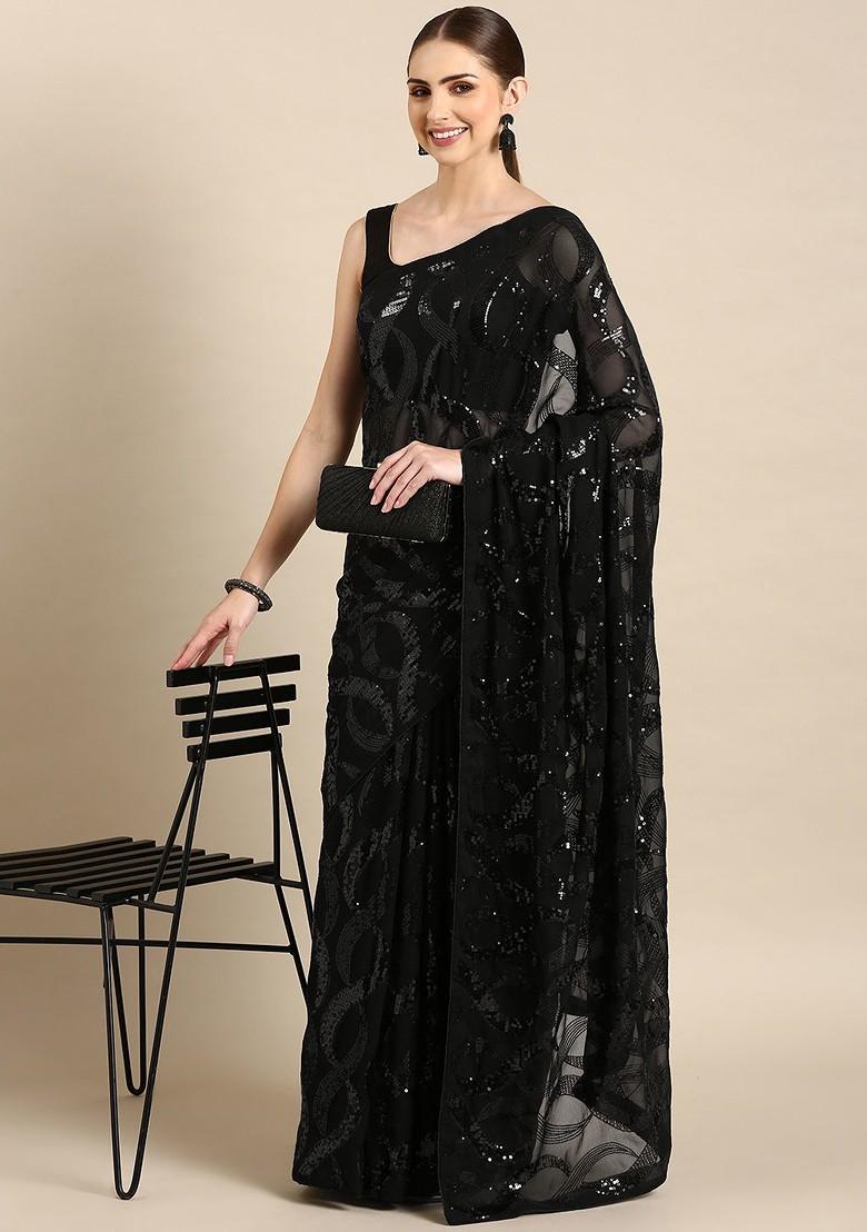 Black Abstract Print Poly Blend Saree Set