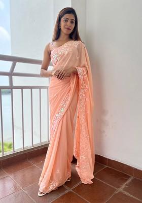 Peach Sequin Embroidered Poly Blend Saree Set