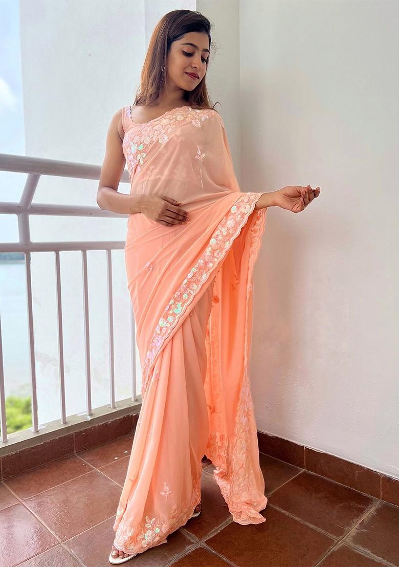 Peach Sequin Embroidered Poly Blend Saree Set