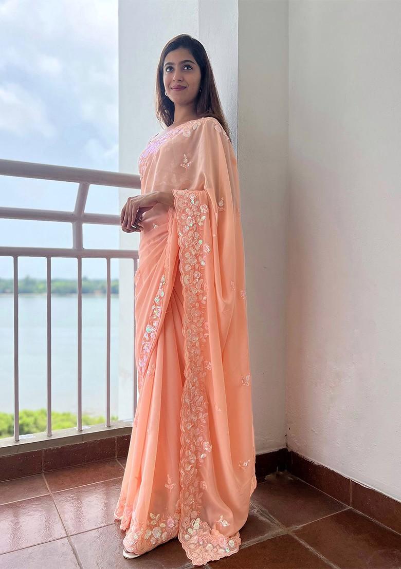 Peach Sequin Embroidered Poly Blend Saree Set